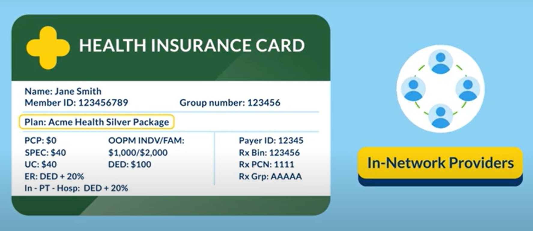 Health insurance card displays the plan name and in network providers